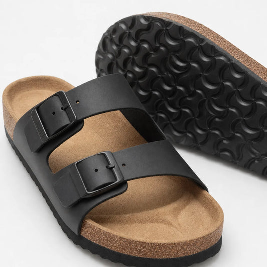 Sandales Deux Brides Noir – Semelle Liège Confort Coupe Étroite
