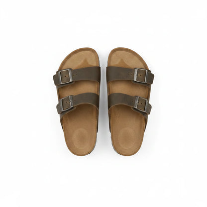 Sandales Homme Cuir Huilé Deux Brides Kaki – Semelle Liège Confort